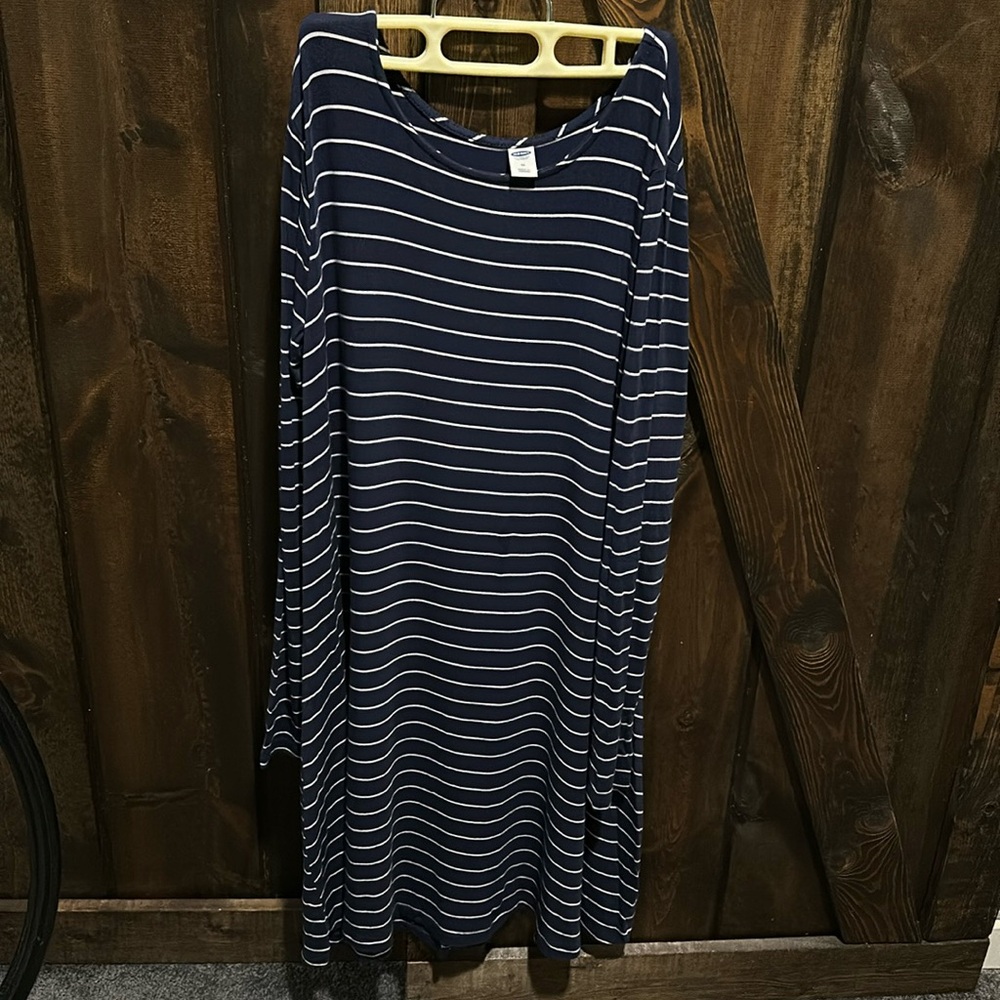 Navy and White Striped Knit Long Sleeved Swing Dress, Size Medium